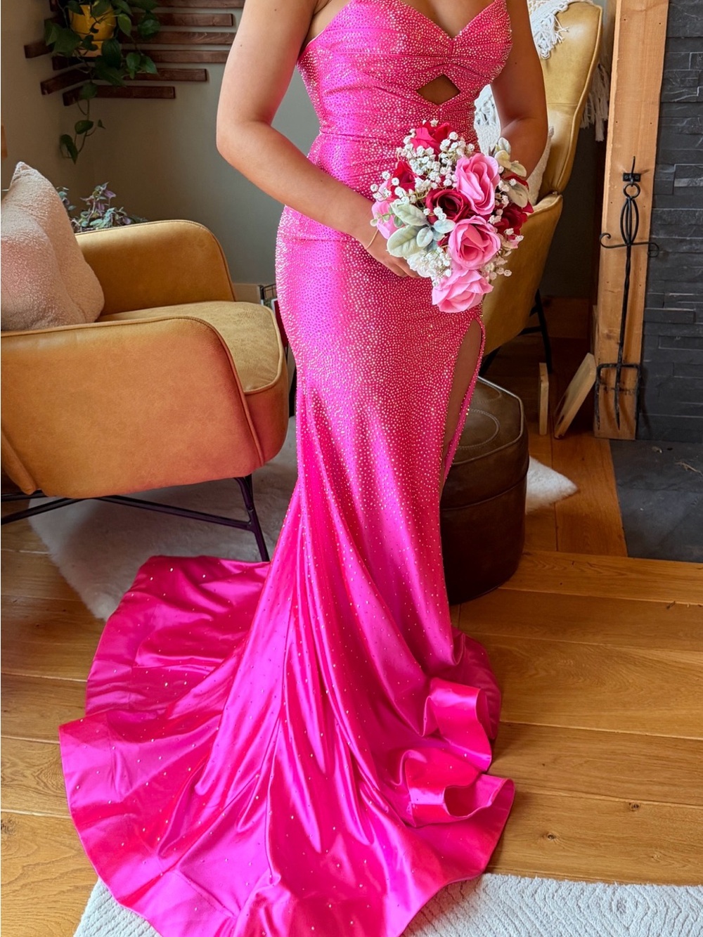 Sherri Hill Hot Pink Beaded Mermaid Gown